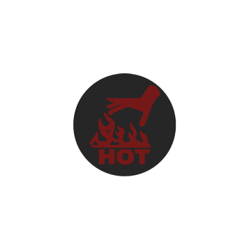 The Hand Hot Surface Safety Indicator label is a circular black label that changes colour to reveal a red warning logo on its surface, with a hand, flames and the word HOT. It is a reversible, self-adhesive temperature sensitive surface safety indicator label for use in environments where injury may occur. The label is completely black below 50ºC. When the surface temperature reaches or exceeds 50ºC the warning image appears in red. It is used where there is a risk of injury from touching hot surfaces.